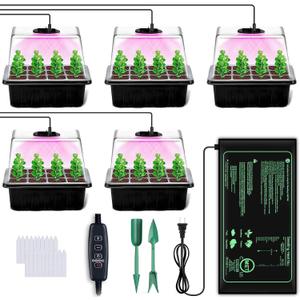 YAUNGEL Seed Starter Tray with Grow Light, 5 Pack Seed Starter Kit with Heat Mat, Seed Tray with Timing Controller Adjustable Brightness and Humidity Domes Heightened Lids, Black