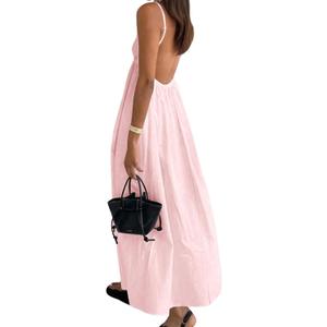Women's Dress V Neck Backless Spaghetti Strap Maxi Dress for Women Flowy Boho Casual Sundress (Pink, Small)