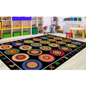 HUAHOO Large Classroom Rug 12'6" x 8'2" Black Elementary Preschool Teacher Rug Kids Room Alphabet Classroom Carpet Machine Washable with Non-Slip Backing, Rainbow Circles Black (8'2" x 12'6" (Rectangular))