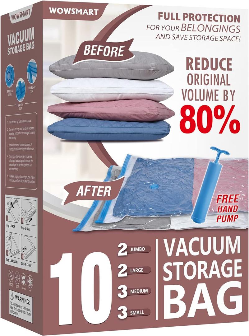 10 Space Saver Vacuum Sealed Storage Bags (2 Jumbo/2 Large/3 Medium/3 Small) with Hand Pump, Seal Bags for Clothing, Comforters, Pillows, Towel, Blanket Storage, Bedding
