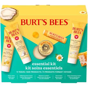 Burt's Bees Gift Ideas - Essentials Everyday Set, 5 Travel Size Products - Deep Cleansing Cream, Hand Salve, Body Lotion, Foot Cream and Original Lip Balm