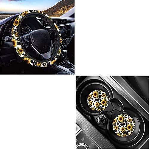 JEOCODY Sunflower and Cow Print Leather Car Medium Steering Wheel Cover 2 Auto Vehicle Cupholder Universal Steering Wheel Covers for Cars,SUV,Turck,Vans