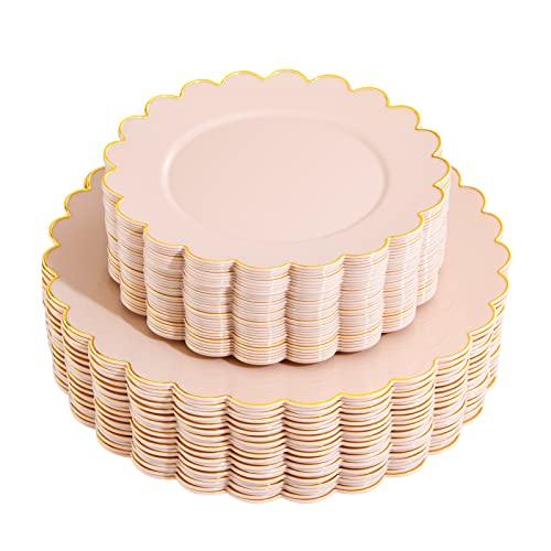 LIYH 30 Pcs Pink Plastic Plates with Gold Disposable Plates Includes 30 Dinner 10.25" " for Baby Shower, Weddings, Parties, Birthday