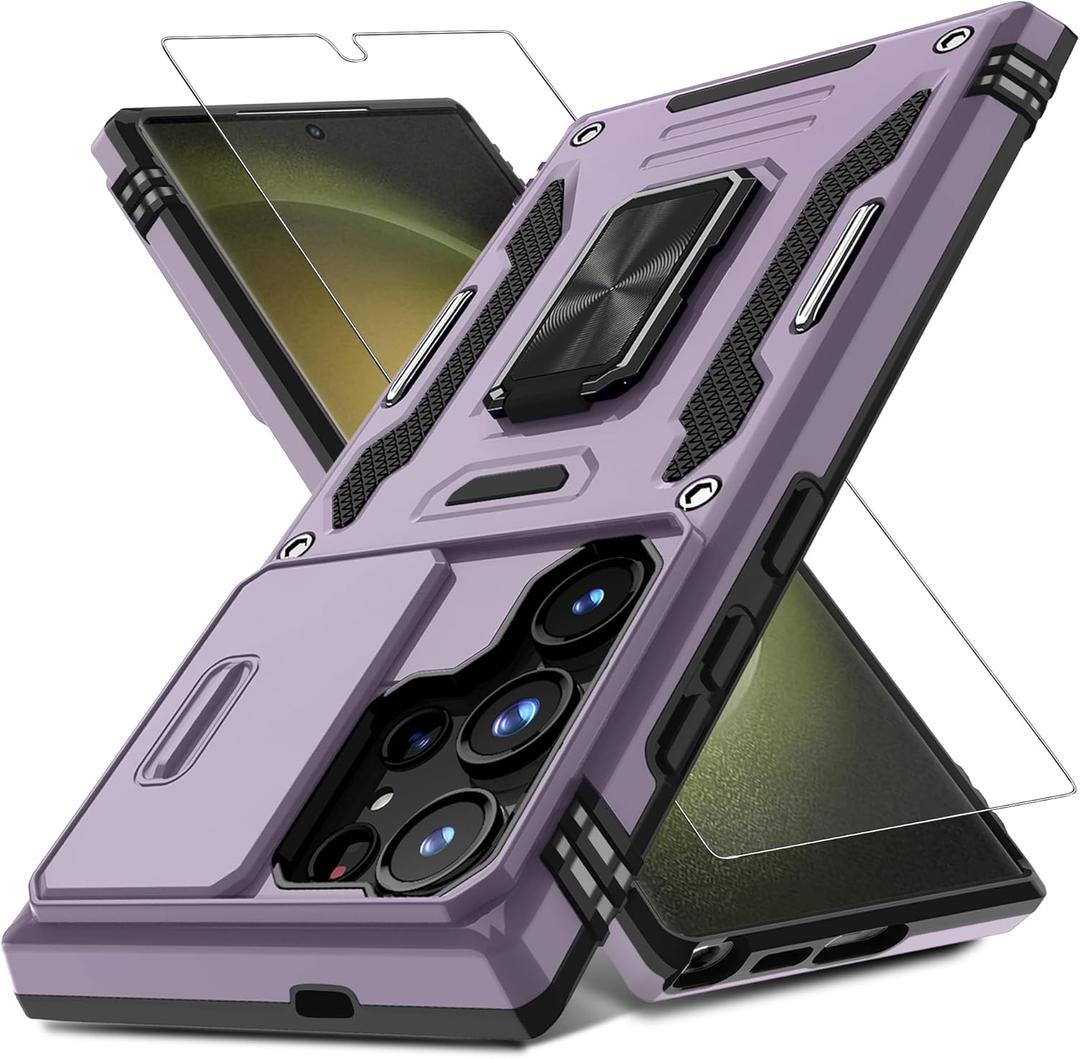 DEERLAMN Case for Samsung Galaxy S25 Ultra with Slide Camera Cover+Screen Protector (1 Pack), Rotated Ring Kickstand Military Grade Shockproof Protective Cover-Deep Purple (S25 Ultra-6.9 Inch)