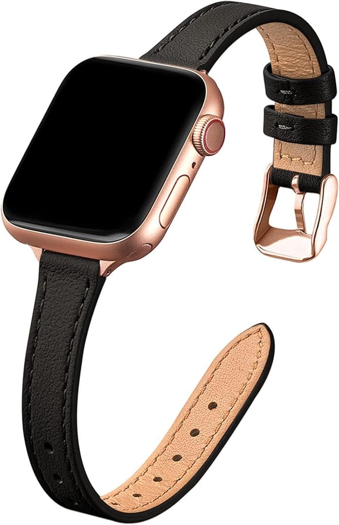 STIROLL Slim Leather Band Compatible with Apple Watch Bands for Women | Genuine Leather Thin Strap, 38mm 40mm 41mm 42mm(Series 11 10), Fits iWatch SE 9 8 7 6 5 4 3 2 1, for Small Wrists, Daily Wear