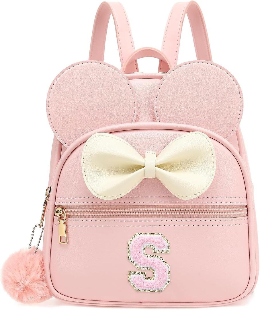 PRLINJSK Initial Mini Backpack for Girls Toddler Kids, Small Mouse Personalized Bowknot Purse Gift (Pink S)