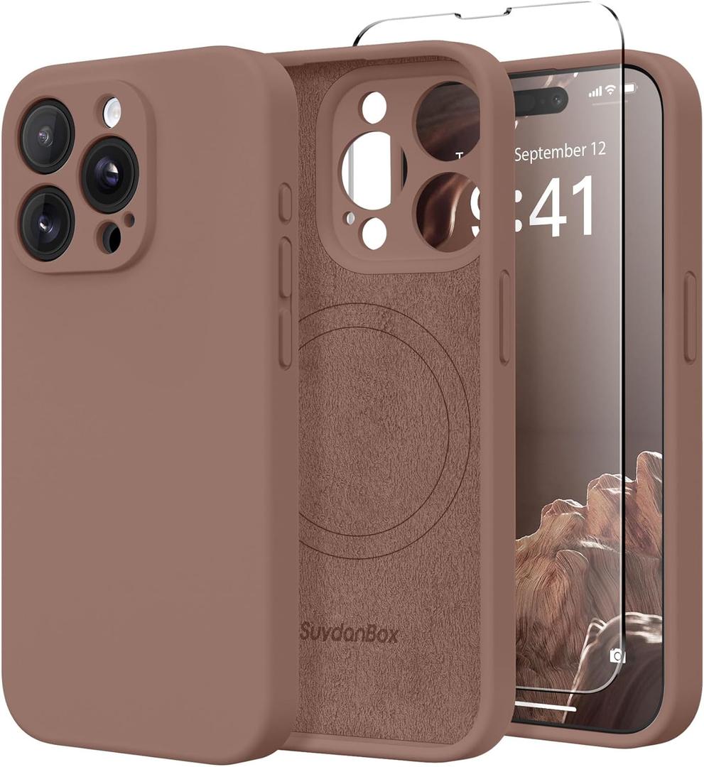 Magnetic for iPhone 14 Pro Case, Compatible with MagSafe, [Full Camera Protection][Screen Protector] Silicone Shockproof Protective Phone Case for iPhone 14 Pro 6.1", Brown