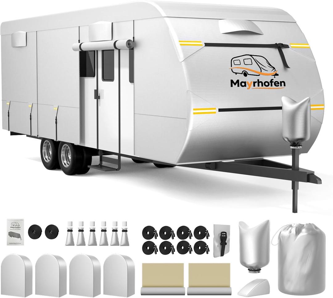 600D Oxford Fabric RV Cover 22-24ft Travel Trailer Cover, Multi-Layer Breathable Rip-Stop Camper Cover with Water-Resistant Coating, Repair Kit, Gutter Protection, Tire Straps