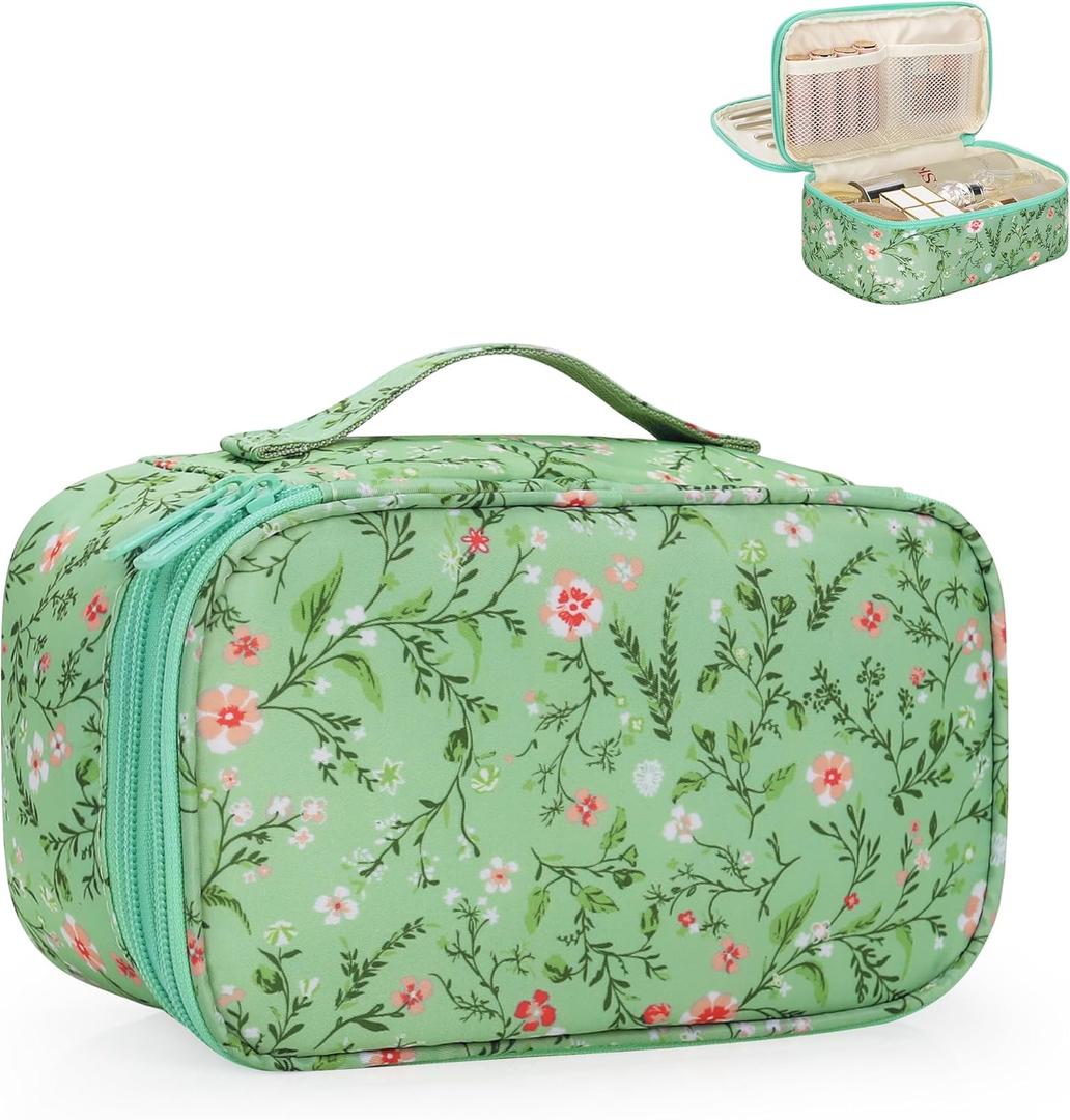 Relavel Small Makeup Bag, Travel Floral Cosmetic Bag with Makeup Brush Compartment, Portable Makeup Pouch for Women, Double Layer Makeup Organizer Bag Cute Toiletry Bag, Green Floral (2-MEDIUM)