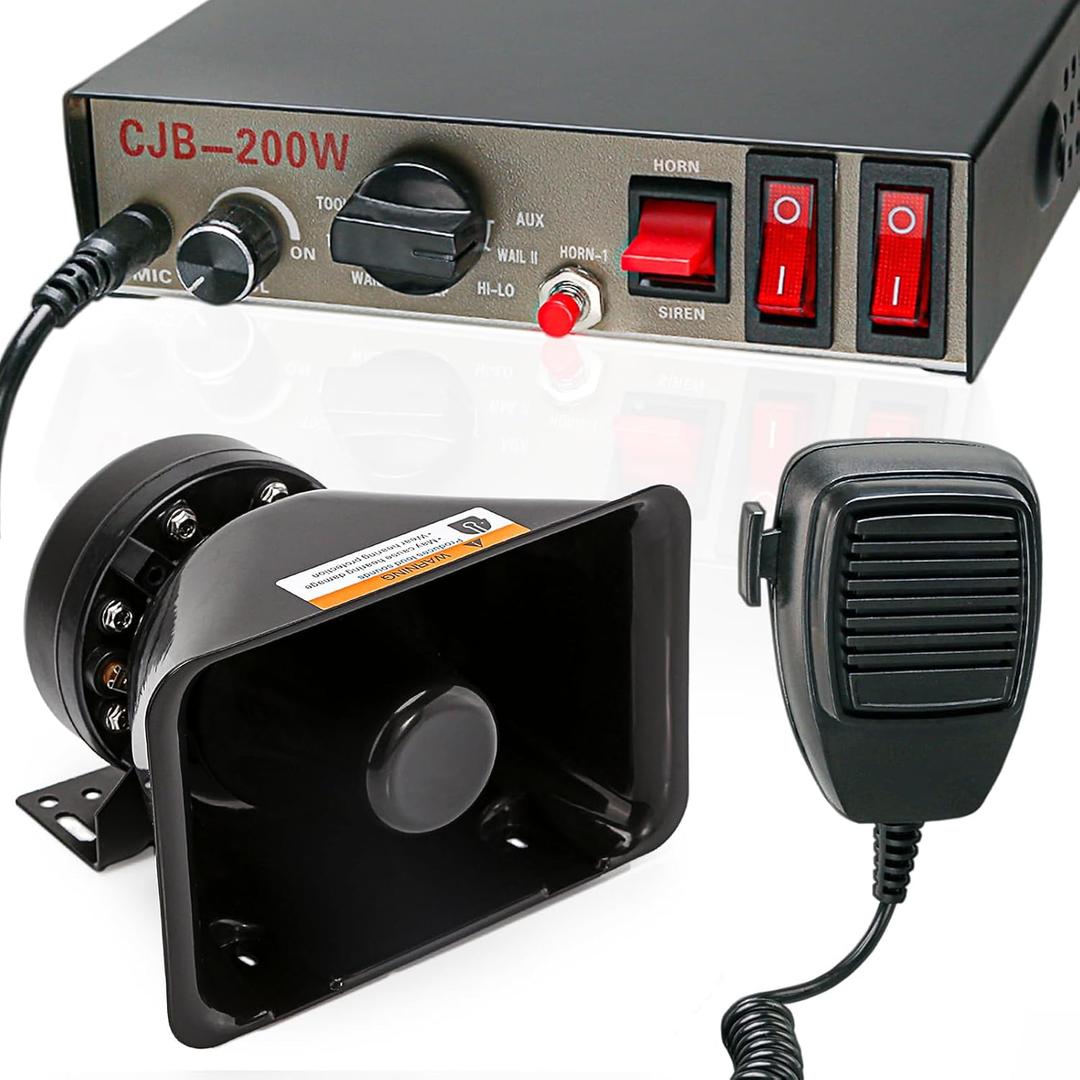 BooYu 9 Tones Police Emergency PA Siren System 12V 200W [Rectangle Speaker][125-135dB][Handheld Microphone][Hands-Free][2 x 10A Switches] for Firefighter Ambulance Vehicles Truck SUV ATV UTV