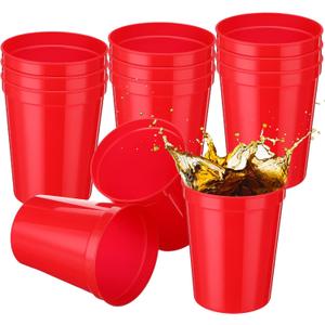 Yungyan 12 Pack 16oz Stadium Cups Reusable Plastic Cups Blank Drink Tumblers for Parties, Events, DIY Projects, 4.5 x 3.54 x 2.72 Inch (Red)