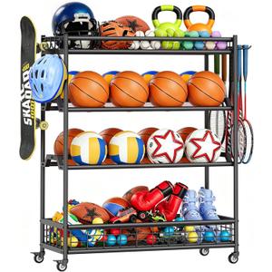 Garage Sports Equipment Organizer with Wheels, All-in-One Ball Storage