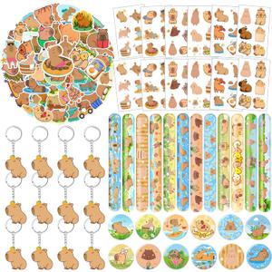 98 PCS Capybara Party Favors, Capybara Temporary Tattoos, Slap Bracelets, Keychains, Stickers, and Badges for Kids Capybara Birthday Party Decorations and Classroom Rewards