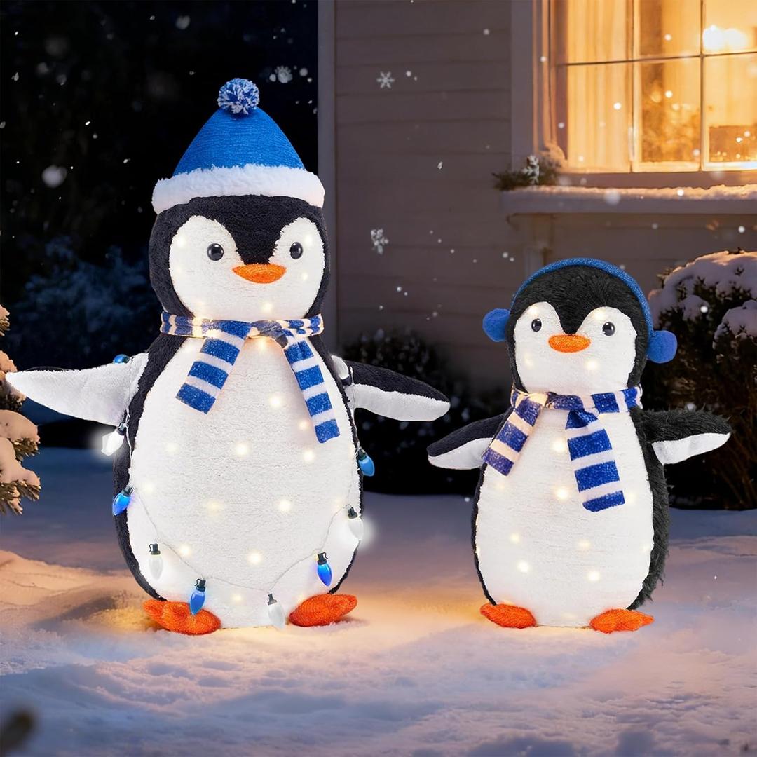 DUMOS 2-Piece Lighted Penguin Family Outdoor Christmas Decoration, Pop up Holiday Decor with 150 LED Lights for Yard, Garden, Storefront, White&Blue (3ft)
