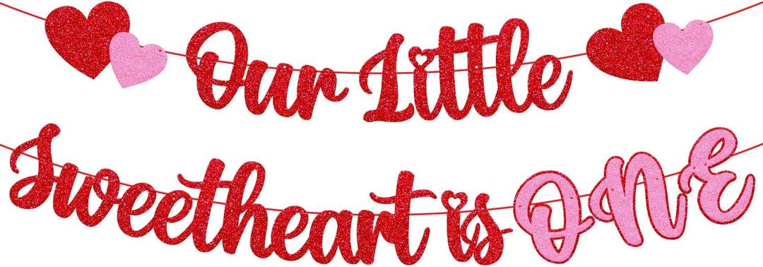 Our Little Sweetheart Is One Banner Valentines Day 1st Birthday Banner Happy Valentines Day Theme for One Year Old Kids Boy Girl First Birthday Party Supplies