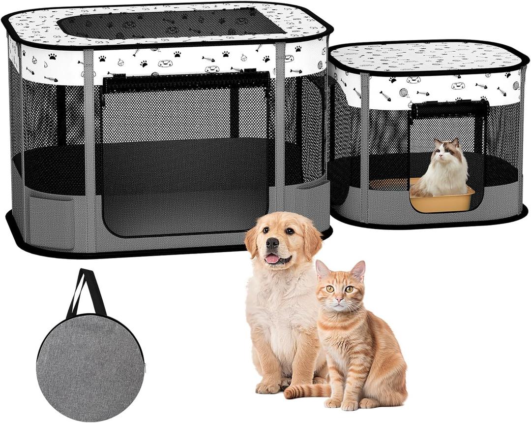 Portable Cat Playpen, 8-Rod Reinforced Kitten Dog Puppy Playpens, Foldable Play Pen for Indoor Cats Enclosed Pet Kitty Doggy Outdoor, Collapsible Tent Kennel Cage Corral (Medium Grey)