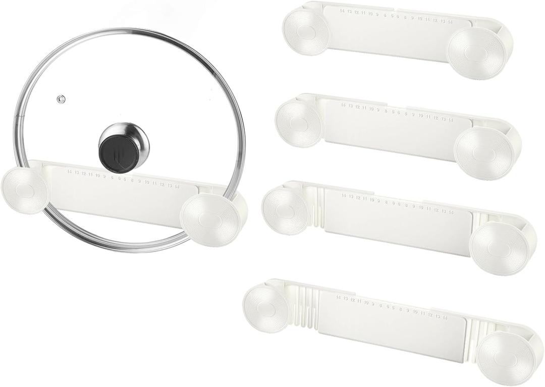 4-Piece Pot Lid Rack, Pot Lid Storage Container Suitable for Lids Ranging from 6 Inches to 14 Inches, Adhesive Wall Mounted Pot Lid Storage, Suitable for Kitchen Cabinets and Cabinet Doors (White)