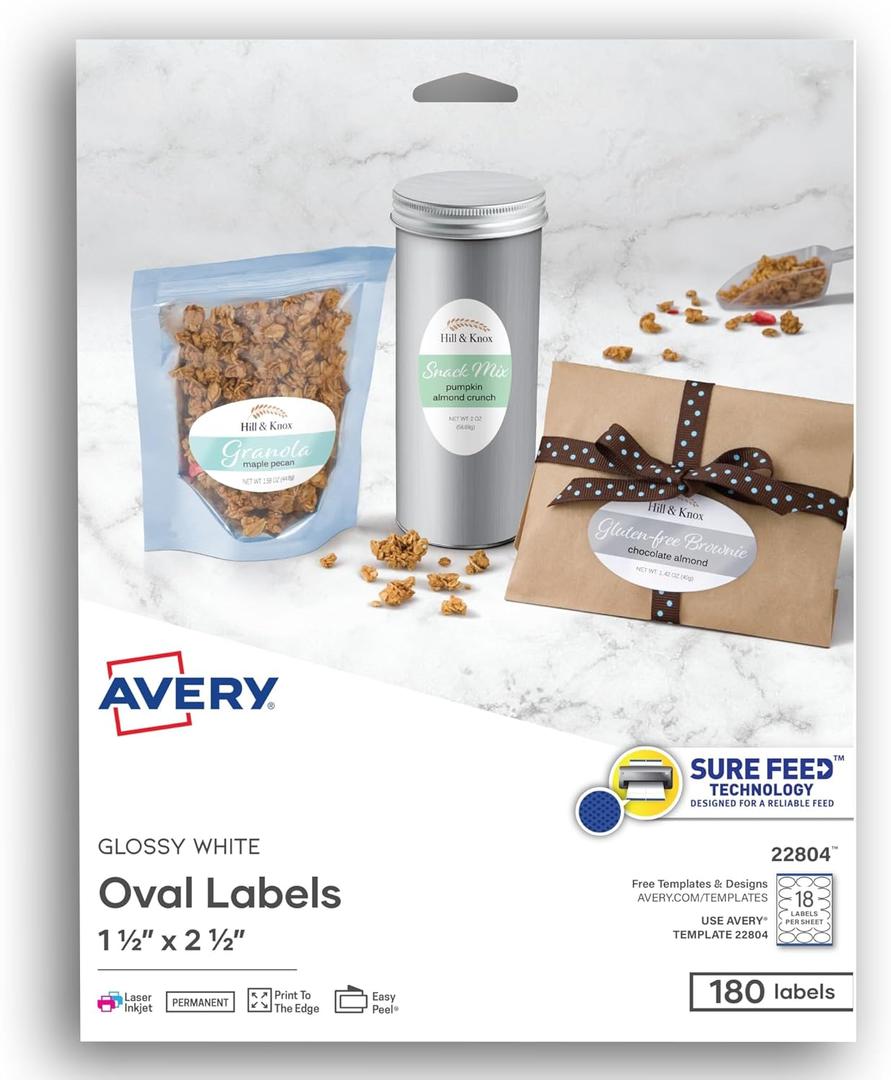 Avery Easy Peel Print-To-The-Edge Permanent Inkjet/Laser Oval Labels, 22804, 1 1/2" x 2 1/2", Glossy White, Pack Of 180