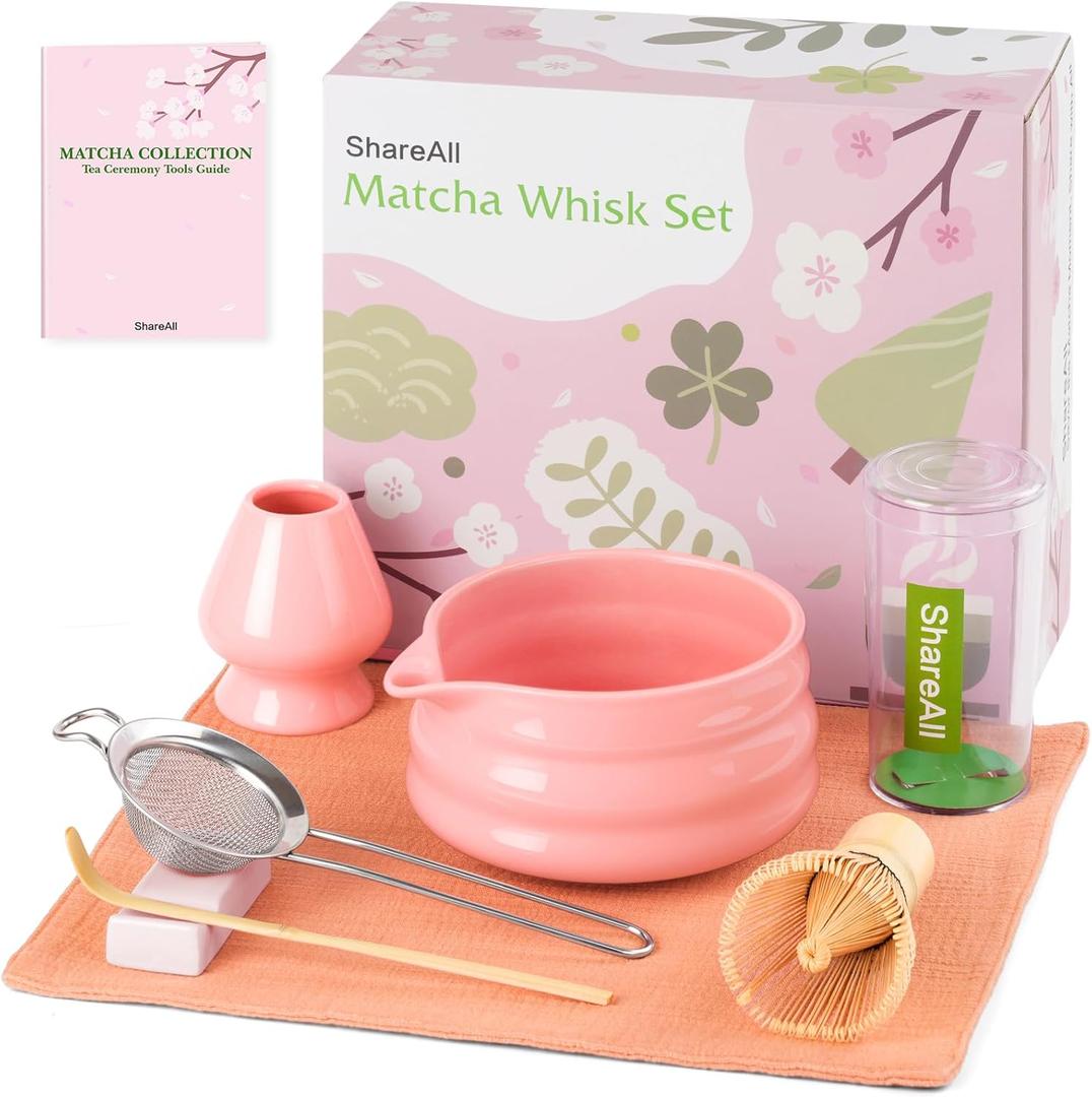 Artisan Ceramic Matcha Set, 7Pcs Japanese Matcha Whisk Kit with Playful Pink Glaze Bowl, Bamboo Chasen & Sifter - Elegant Tea Ceremony Gifts for Women, Premium Home Essentials (Pink)