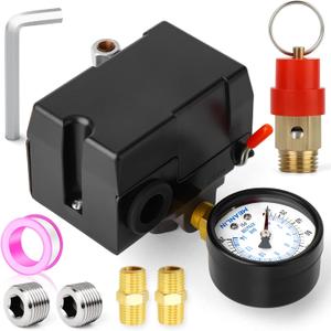 MEANLIN MEASURE Air Compressor Pressure Switch Control Valve 95-125 PSI 110V-240V 4-way Replacement Parts With 0-200 Pressure gauge and Safety Pressure Relief Valve