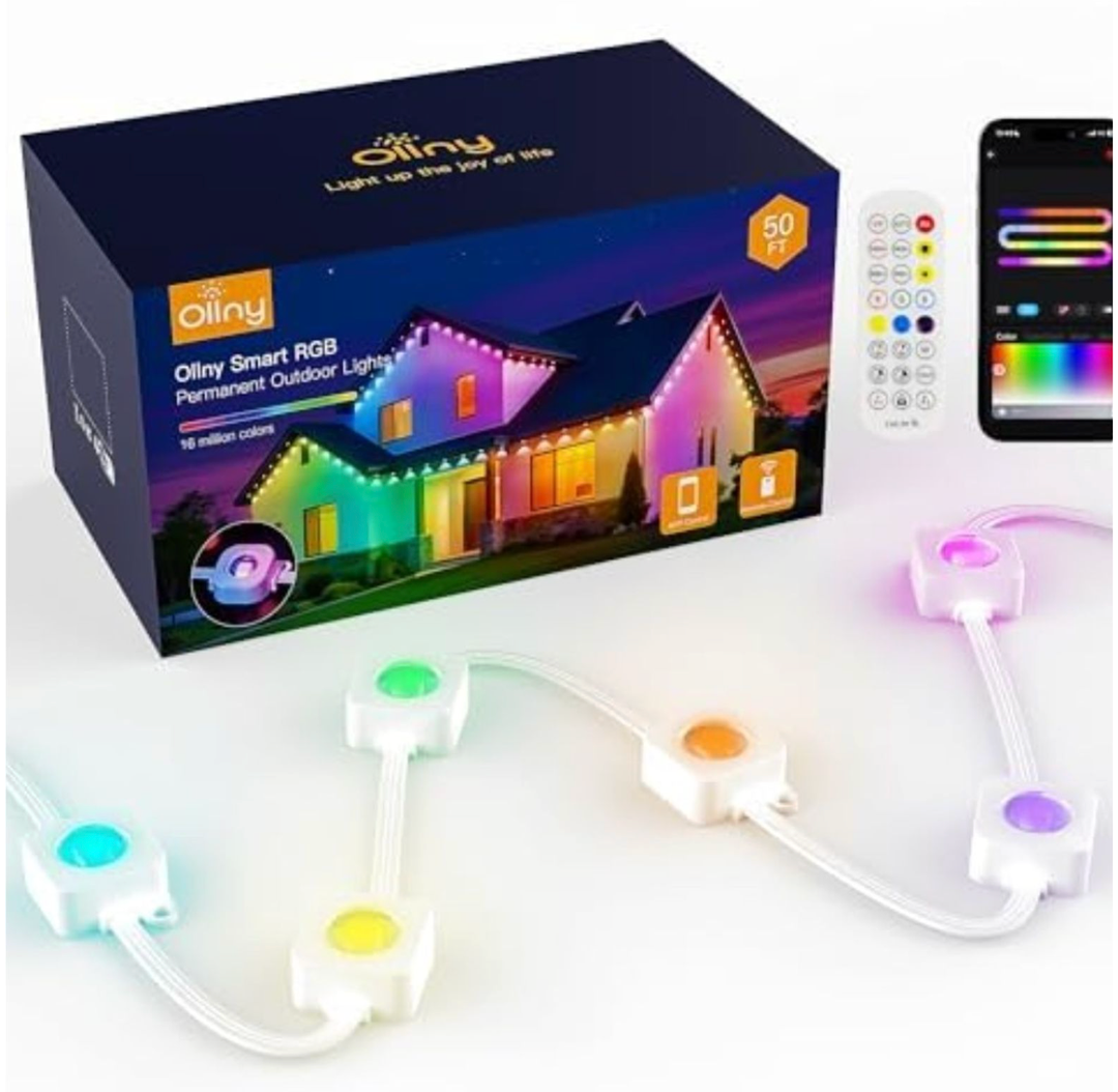 Ollny 50FT 30LED Permanent Outdoor Lights, APP Control RGB Outdoor Lights 100 Scene Modes with Remote, DIY Music Modes Christmas Light for Holiday Xmas Halloween Decorations