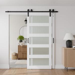 COSHOMER 34"x84" Double Bypass Barn Door with 6FT Track Hardware Kit Included, Frosted Glass, MDF with White Waterproof PVC, Space-Saving, Easy Assembly