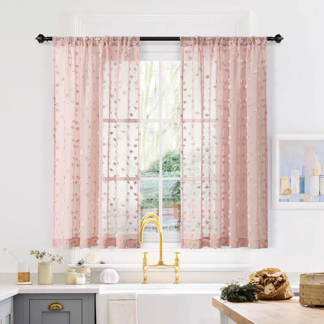 MYSKY HOME Pink Sheer Short Curtains for Small Windows Kitchen 45 inch Long with Pom Pom Bedroom Nursery Kids Girls Room Curtains Cafe Light Filtering Boho Drapes, Rod Pocket,52" Wide, 2 Panels (1-dusty Pink)