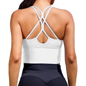 XUNYU Sports Bras for Women High Support Longline Workout Tank Tops Built in Bra Padded Strappy Yoga Crop Top Cross Gym (White, Medium)