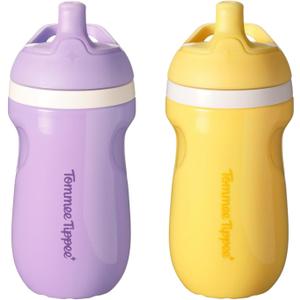 Tommee Tippee Insulated 9oz Sporty Spout Toddler Water Bottle, No Spill, Sippy Cups for Toddlers 1-3, Two-Piece Valve Helps Stop Spills, Yellow & Purple, BPA Free, Pack of 2