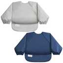 Tiny Twinkle Long Sleeve Bib for Babies & Toddlers | 2-Pack Waterproof Smock Bib for Eating | Machine Washable & Mess-Proof Feeding Essentials | Newborn Shower Gift (Grey Indigo,624M)