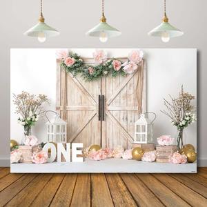 1st Birthday Photography Backdrop Pink Floral Rustic Barn Door Girls One Year Photo Background Farmhouse Flowers Princess Fairy Portrait Cake Table Decorations 71X47inch