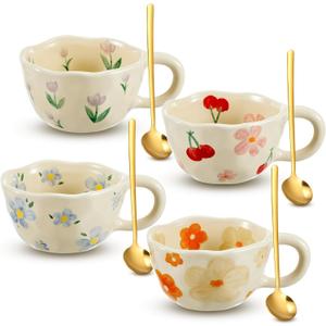 Kawlity 4 Styles Vintage Flower Mugs, 8oz Ceramic Coffee Mug Set with Spoon, Aesthetic Floral Cute Tea Cups with Handles, Porcelain Floral Mugs for Coffee Milk Juice Slushies Oats
