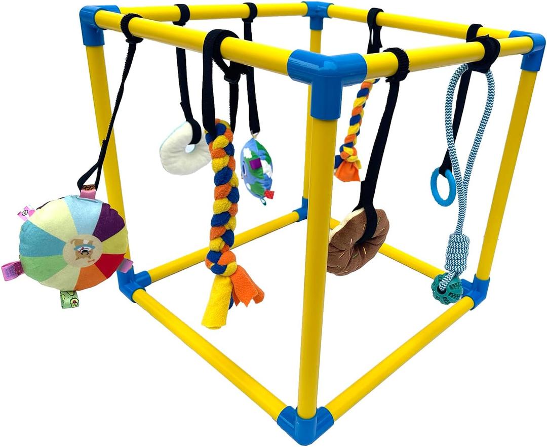 Dewonch Puppy Play Gym with 8 Hanging Toys, Small Dogs Indoor Jungle Gym, PVC Frame with Bungee Straps Enrichment Activity Center