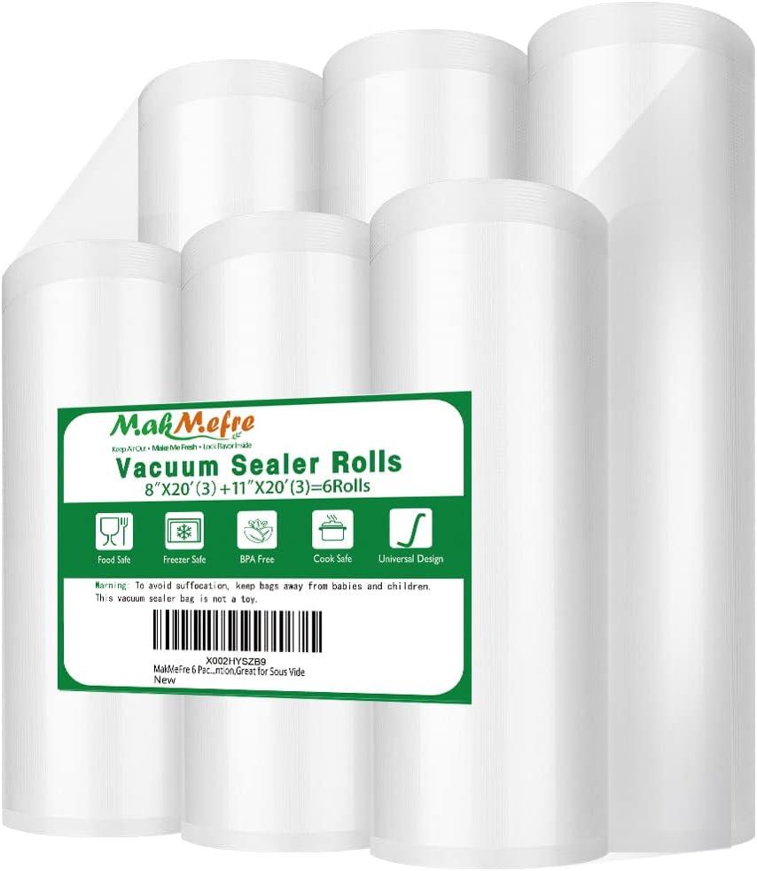 MakMeFre 6 Pack 8"x20'(3Rolls) and 11"x20' (3Rolls) Vacuum Sealer Bags Rolls for Food,Commercial Grade, BPA Free,Puncture Prevention,Great for Sous Vide Cooking