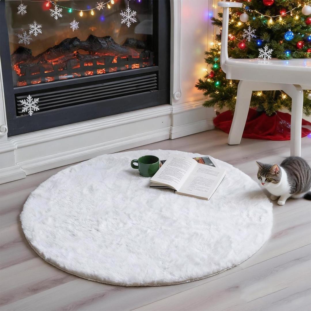 ThreadGlobe Fluffy Faux Rabbit Fur Circle Rug 3'x3', Cloud-Soft Area Rug for Bedroom & Nursery, Non-Slip No-Shed Design, Machine Washable Rug, White, 3x3 Ft