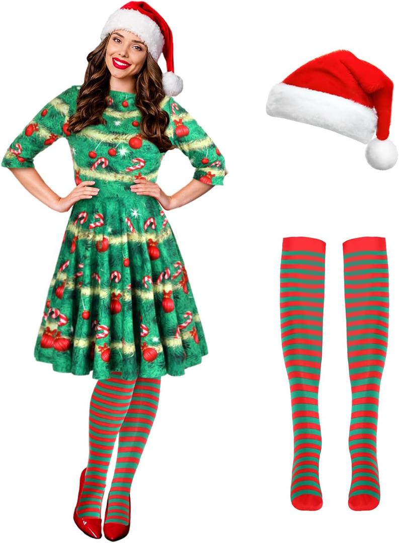 Hillban 3 Pcs Christmas Elf Costume Set Women Short Sleeve Christmas Dress Thigh High Socks Santa Hat (Medium, Candy Tree)