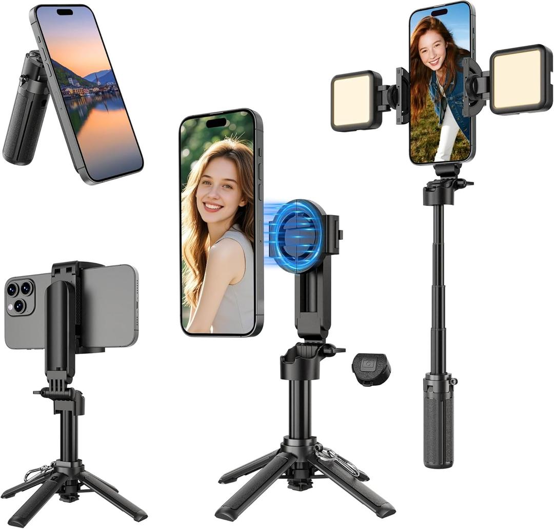 Magnetic Mini Selfie Stick for iPhone, 4 in 1 Portable Pocket Size Tripod for iPhone MagSafe/Android with Remote/Stepless Adjustable Fill Lights, Small/Compact Cell Phone Stand for Travel Vlog-Black