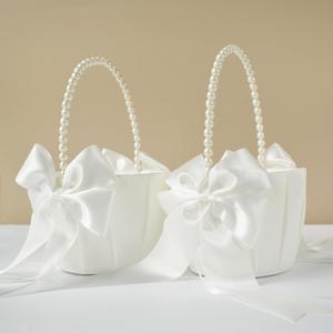 2 Pcs Wedding Flower Girl Baskets with Cute Pearl Handle Bowknot Satin Flower Baskets for Wedding Ceremony, Ivory