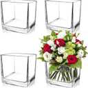 Set of 4 Square Glass Vases 5" x5" x 5", Clear Cube Flower Vases for Wedding Centerpieces, Candle Holders for Home Decor Party Events Ceremony