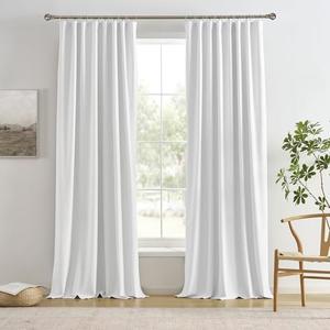 Room Darkening Curtains 144 Inches Long 12 FT Back Tab Extra Long Solid Linen Textured Drapes for Living Room/Bedroom Wall Tall Curtains High Ceiling Long 2 Story Snow White