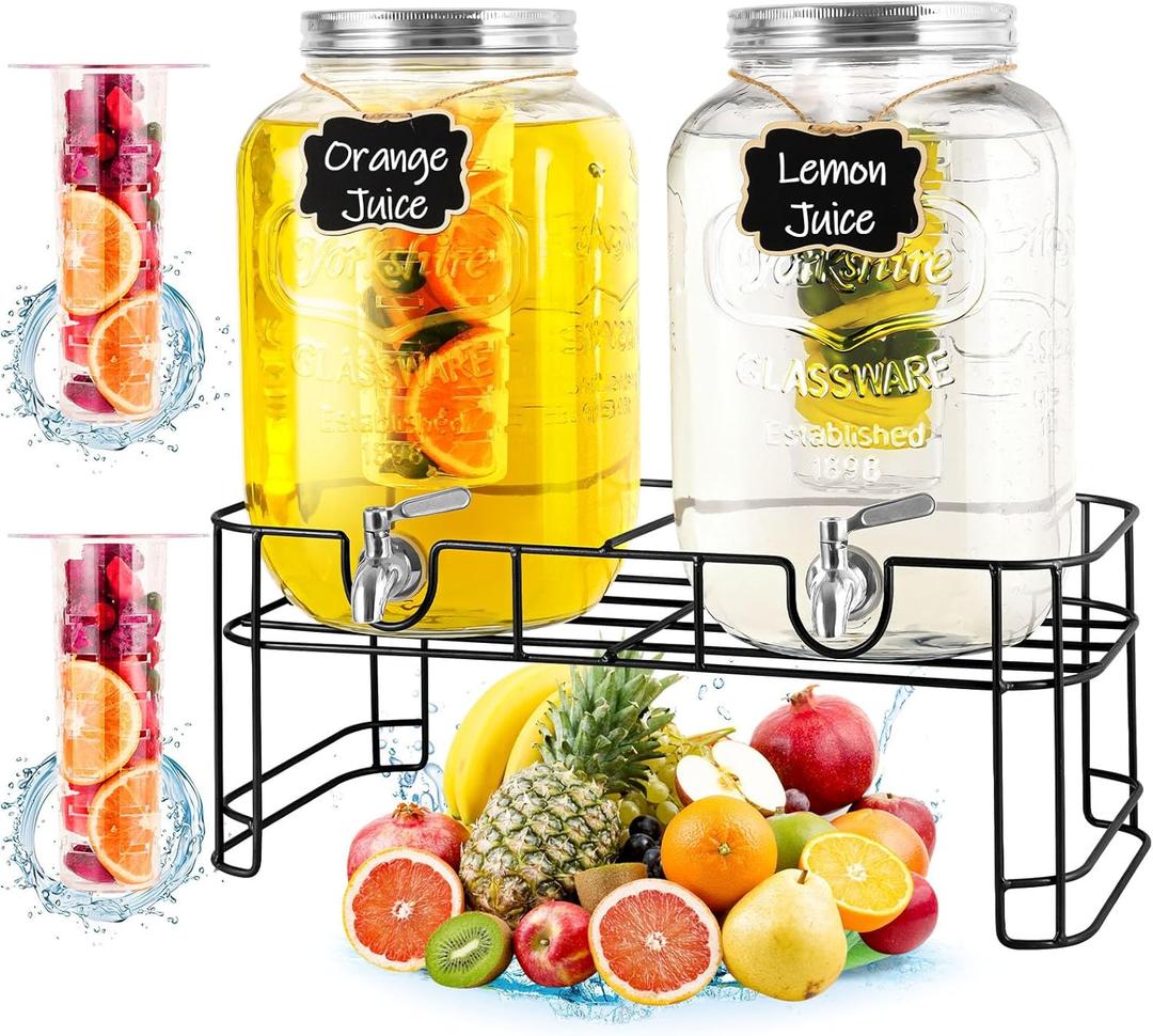 Drink Dispenser & Glass Water Dispenser, 2 Pack 2 Gallon Beverage Dispenser with Stand,with Ice Core,Stainless Steel Spigot and Lid 100% Leakproof.Glass Beverage Dispenser for BBQ,Picnic,Party