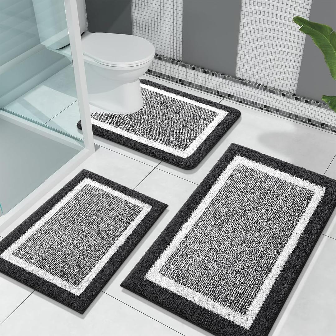 OLANLY Bathroom Rugs Sets 3 Piece, Soft Absorbent Microfiber Bath Mats and U-Shaped Contour Toilet Rug, Home Decor Accessories, Non-Slip, Bath Mat Set for Bathroom (30"x20"+24"x16"+24"x20", Black)
