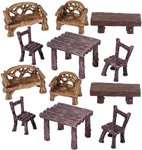 Skylety 12 Pieces Garden Furniture Ornaments Miniature Table and Chairs Set Village Micro Resin Bench Chair for Dollhouse Accessories Home Micro Landscape (Vintage Style)