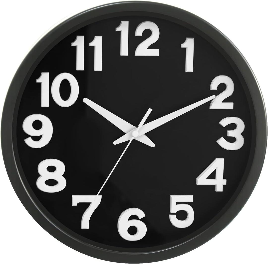 Caysie 12 Inch Large 3D Numbers Silent Non Ticking Wall Clock, Modern Quartz Battery Operated Round Clock, Decorative for Kitchen, Bedroom, Living Room, Office (Black)