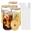 Drinking Glasses with Bamboo Lids and Glass Straw 4pcs Set - 16oz Glass Cups, Iced Coffee Glasses, Cute iced Tea Glasses, Beer Glasses, Ideal for Coffee Bar Accessories, Aesthetic Gift - 2 Brushes
