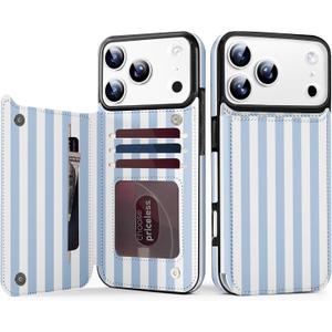 TopPerfekt for iPhone17 Pro Max Case Wallet Card Holder, Military-Grade Drop Protection, Flip PU Leather Built, Double Magnetic Clasp and Durable Shockproof for iP17 PM5G 2025 Cover-Stripes Blue White