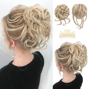 SARLA 2PCS Messy Bun Hair Pieces for Women Detachable Claw Clip Wavy Curly Synthetic Hairpieces for Updos with Tendrils Fake Scrunchies Ponytail Extension Sunny Blonde