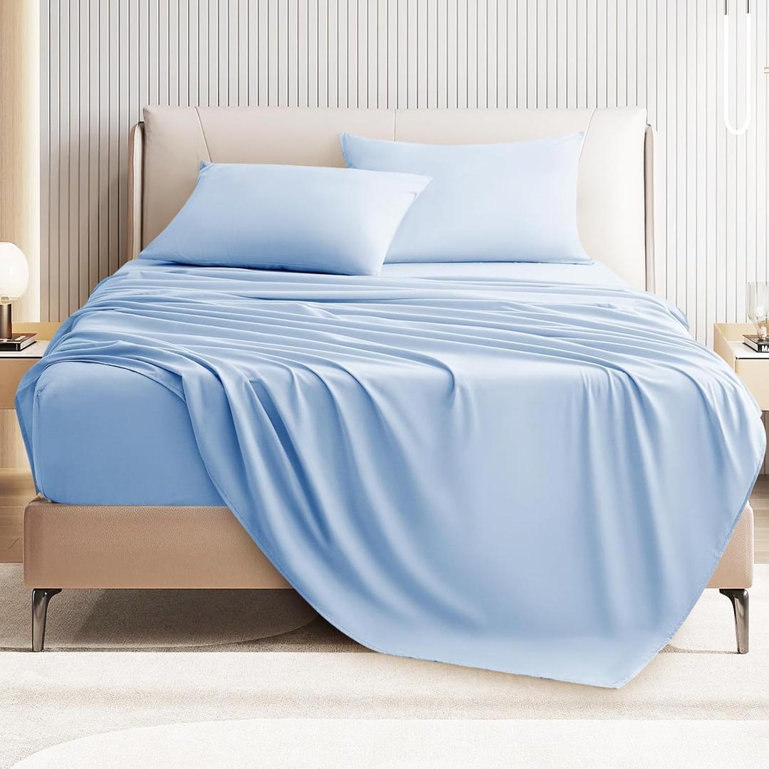 Queen Size 4 Piece Sheet Set - Comfy Breathable & Cooling Bed Sheets Set, Soft and Wrinkle Free, Deep Pockets, Easy & Secure Fit, Hotel Luxury Bedding for Women, Men - Oeko-Tex - Light Blue