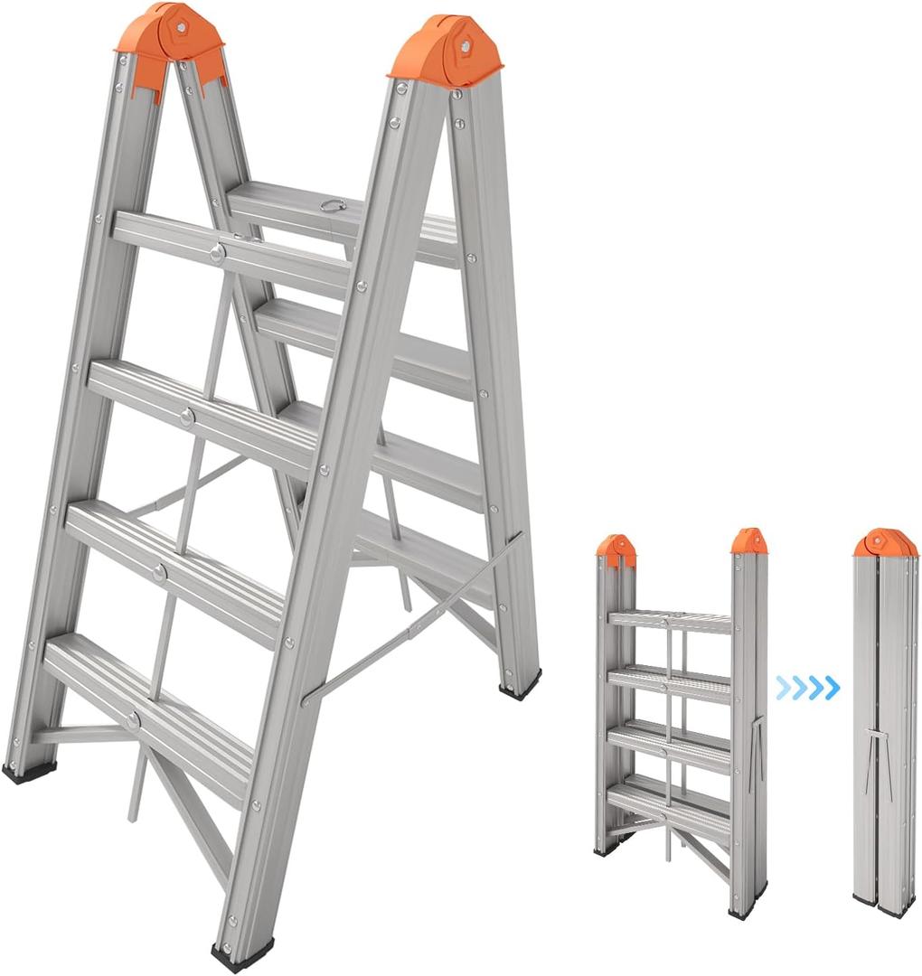 Aluminum Foldable Twin Front 4-Step Ladder, Compact Step Stool with Wide Anti-Slip Pedal, Portable, 330lb Capacity
