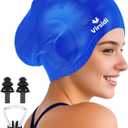 Swim Cap for Long Hair, Silicone Swimming Cap for Adult Women Men with 3D Ear Protection, Waterproof Large Swim Hats Bathing Caps to Keep Hair Dry with Ear Plugs Nose Clip